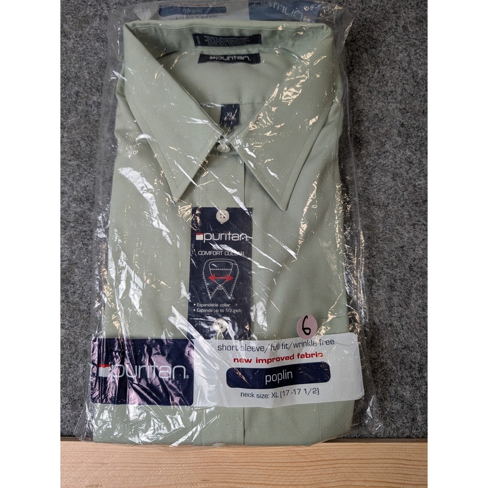 Puritan Mens XL Sage Green Poplin Short Sleeve Button Down Shirt Comfort Collar